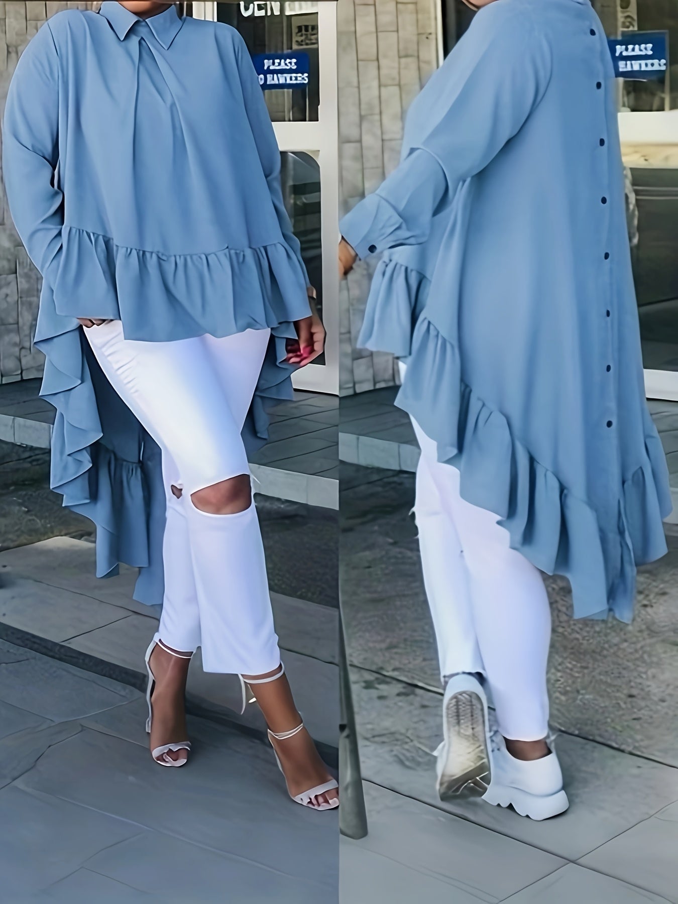 Блузка женская повседневная большого размера с голубым рюшевым краем и длинными рукавами, всесезонная