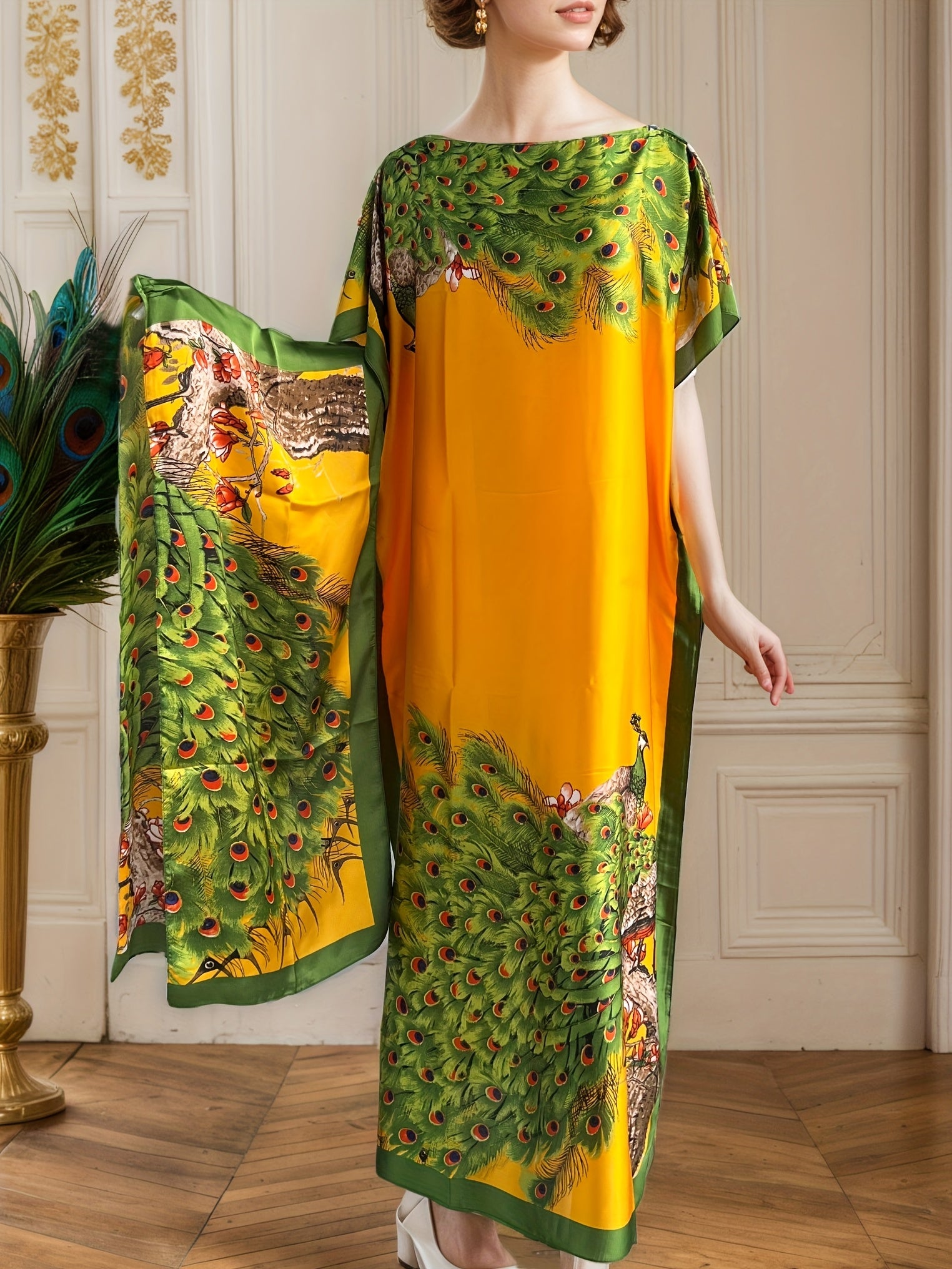 Plus Size Women's Maxi Dress with Peaocak Print, Short Sleeves, Green Yellow Blue Floral