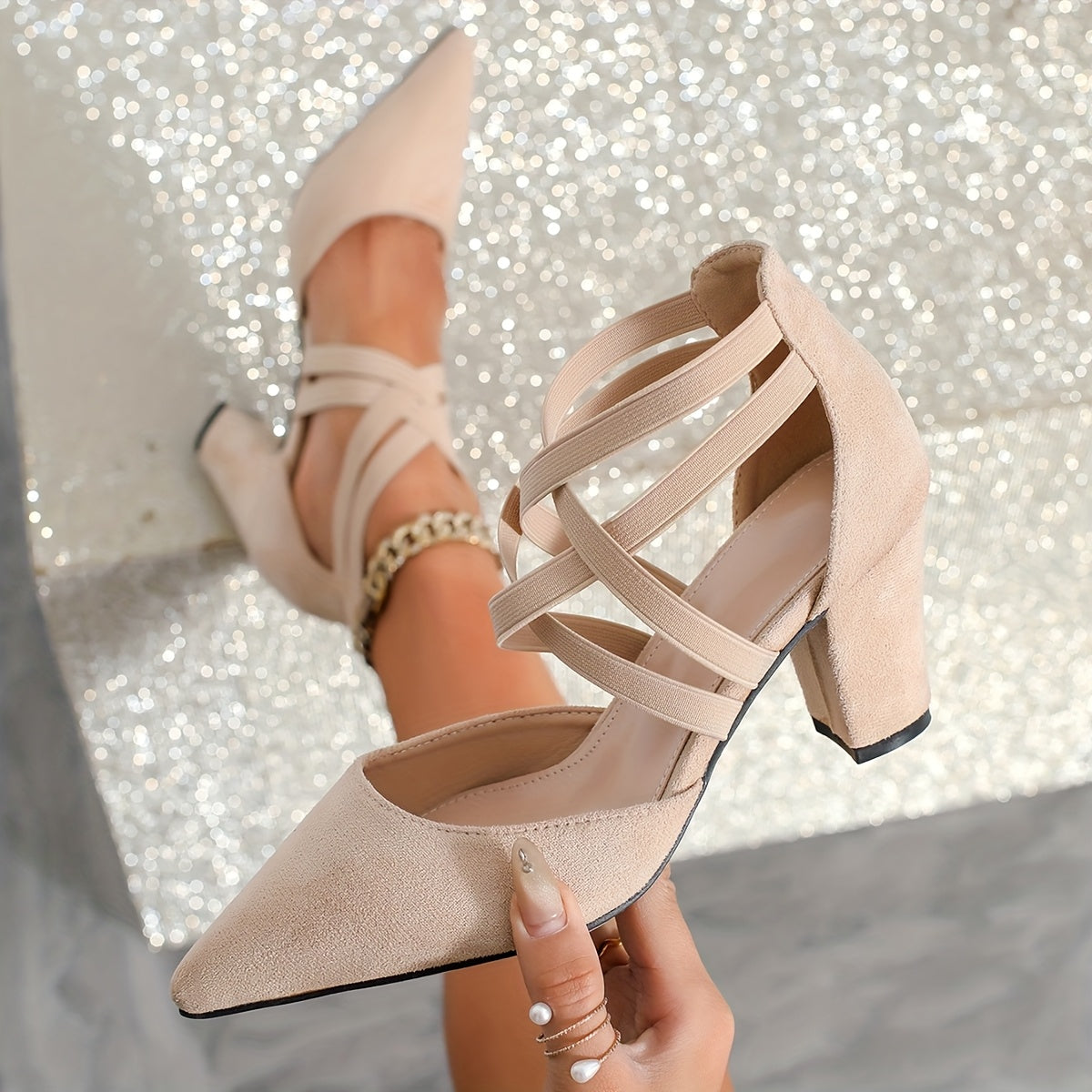 Women's Leather Pointed Toe Cross Strap High Heels Pumps