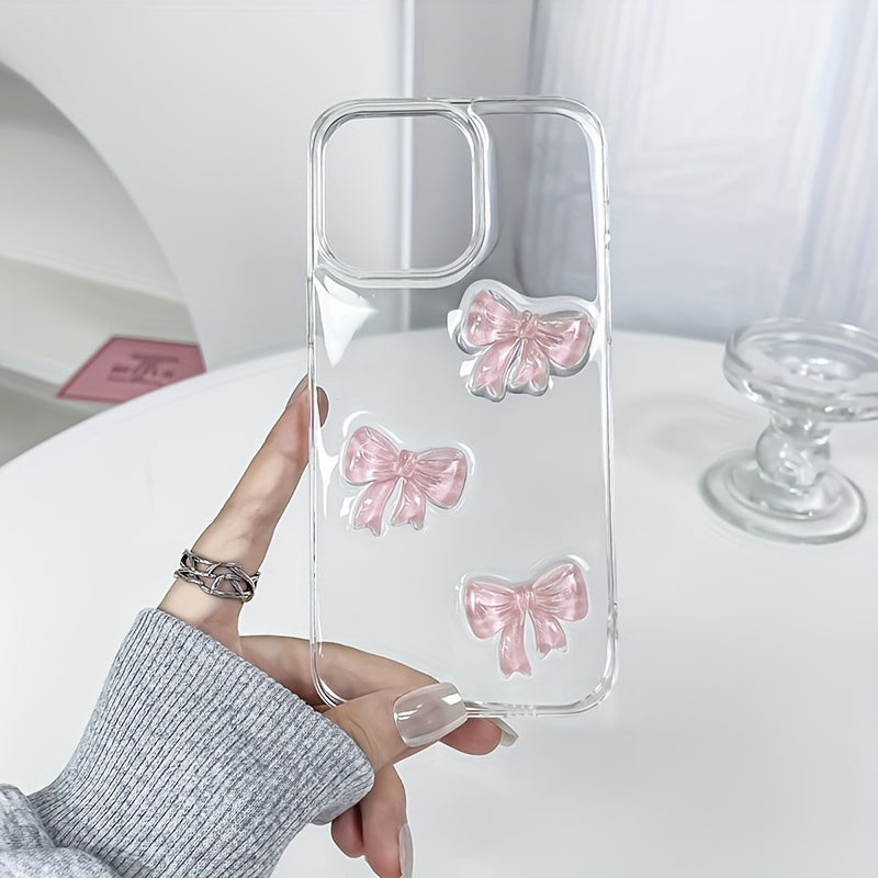 Transparent Acrylic Phone Case for iPhone 11-15 Pro Max with Red Bow and Handmade Drip Glue Design