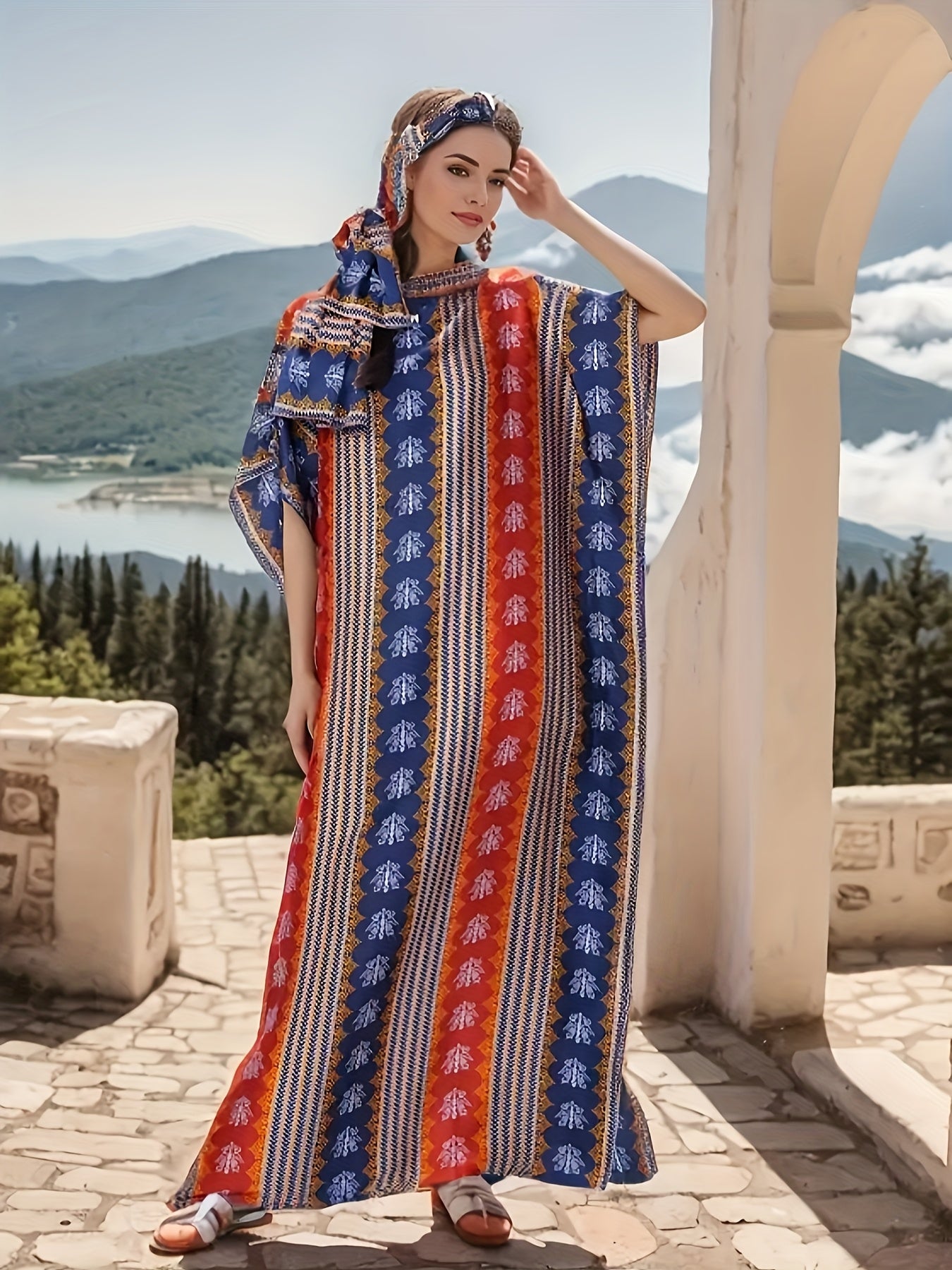 Vestido caftán con estampado geométrico para mujer con bufanda, ajuste holgado, para todas las estaciones, marrón y blanco