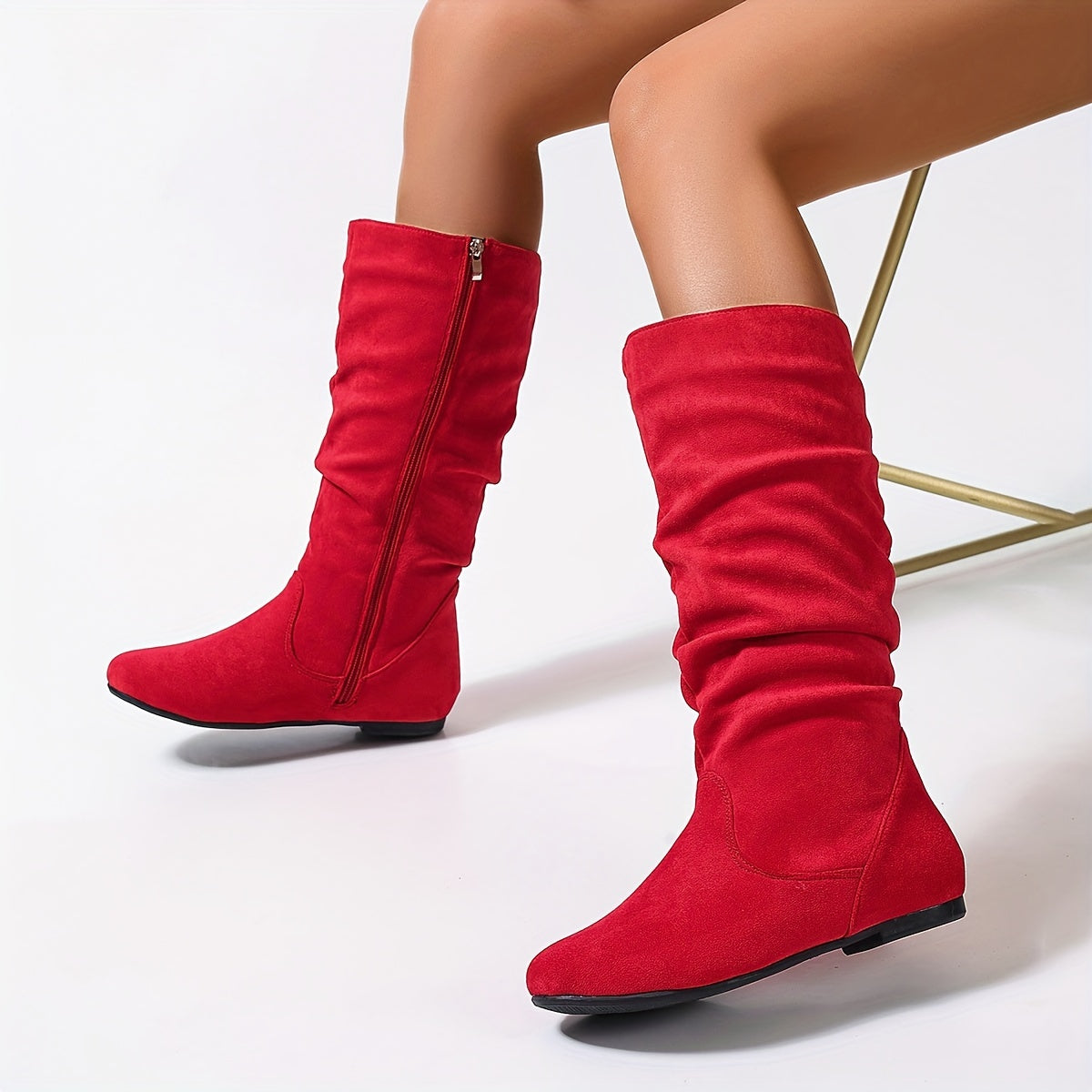 Women's Solid Color Mid-Calf Boots with Zipper Side Pull On Round Toe
