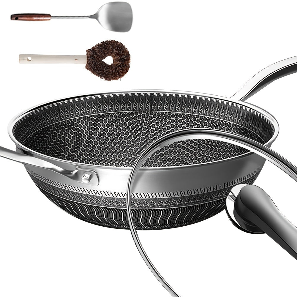 Набор посуды с крышкой, антипригарный вок, поварская сковорода из нержавеющей стали для индукционных и газовых плит, включает лопатку и щетку для чистки