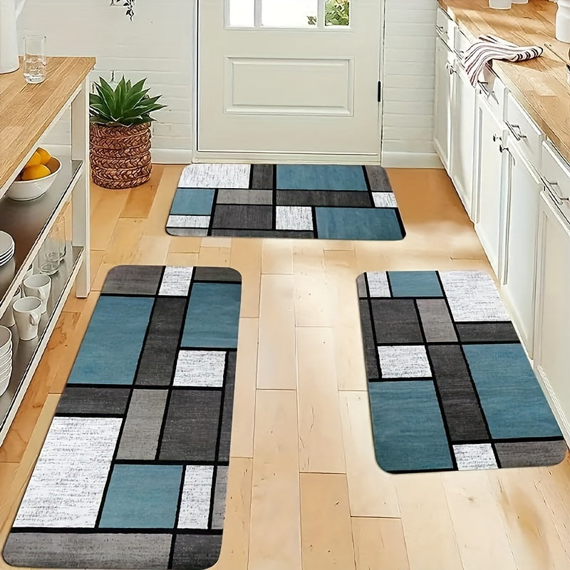Blue and White Plaid Kitchen Mat Non-Slip Washable Rug for Entryway Bathroom Outdoor