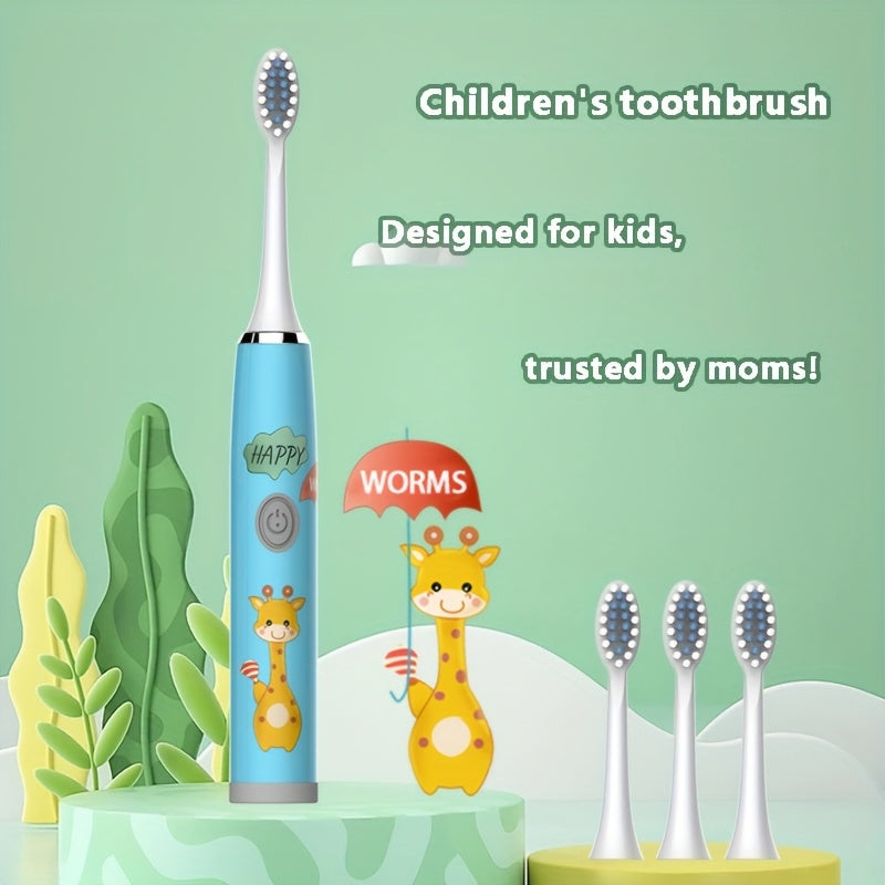 Kids Electric Toothbrush Blue White Giraffe Design Battery Powered for Ages 3-15