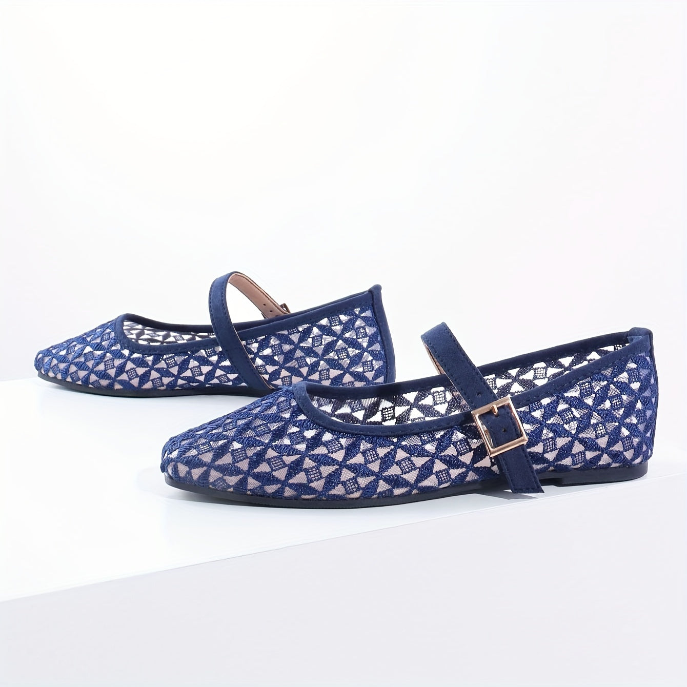 Women's Slip-On Flats with Square Toe Mesh Pattern Adjustable Buckle Casual Office Wear