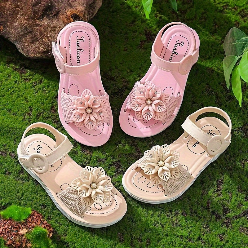 Girls' Floral Princess Shoes Summer 2025 PVC Flexible Sole Hook-and-Loop Pink Purple