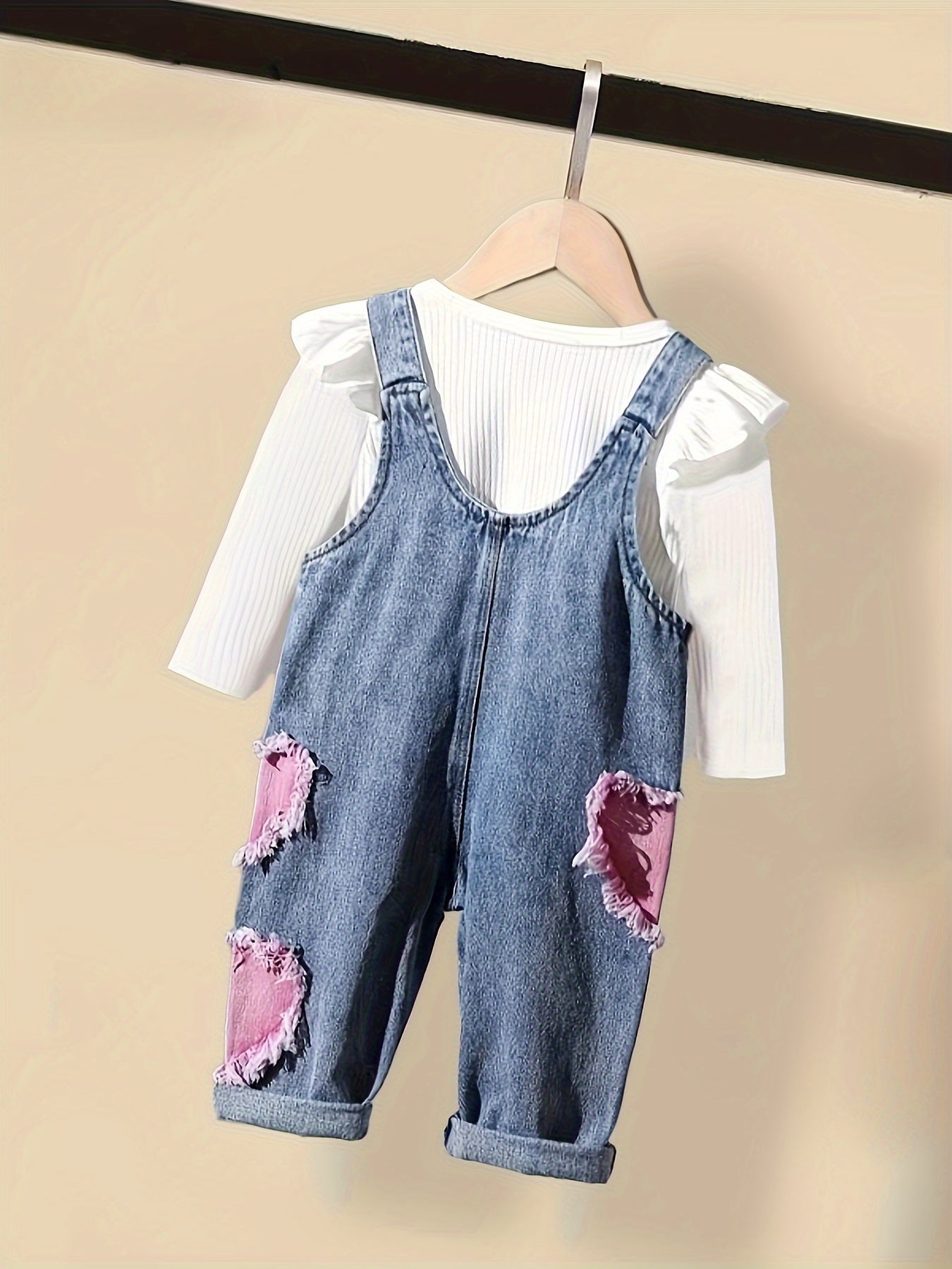 Baby Girls' Cotton Long Sleeve Ruffle Top and Suspender Denim Pants Set for Spring and Fall