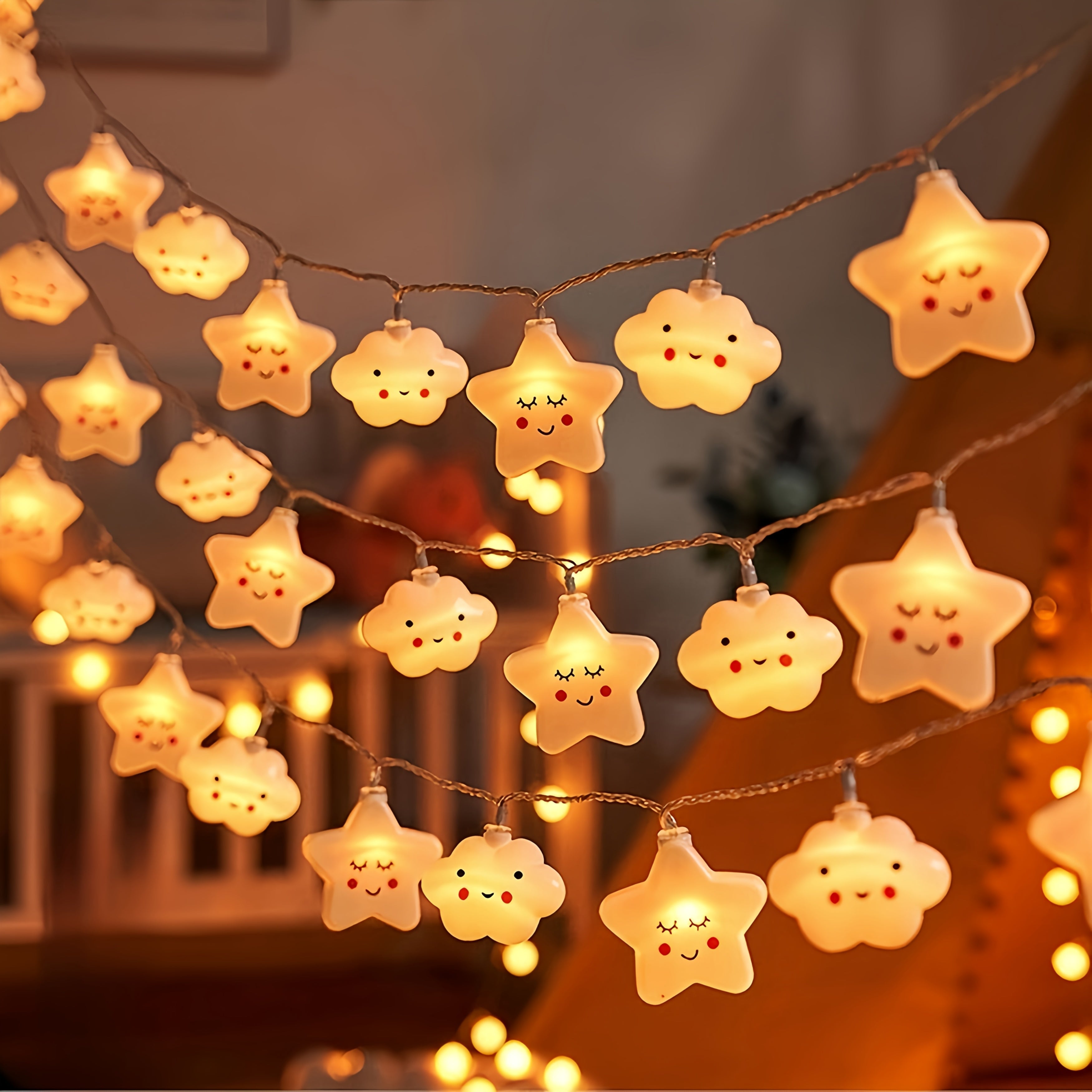 Luces de cadena con formas de nubes y estrellas, alimentadas por batería, decoración para interiores