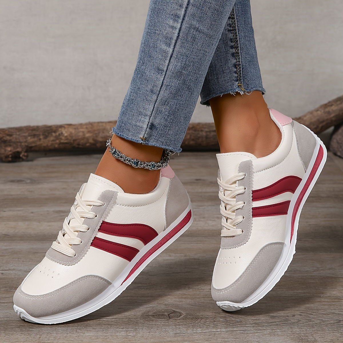 Women's Lightweight Low-Top Sneakers White Navy Red Casual Running Walking
