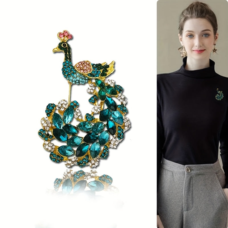 Vintage Peacock Brooch Pin Rhinestones Glass Elegant Jewelry for Women