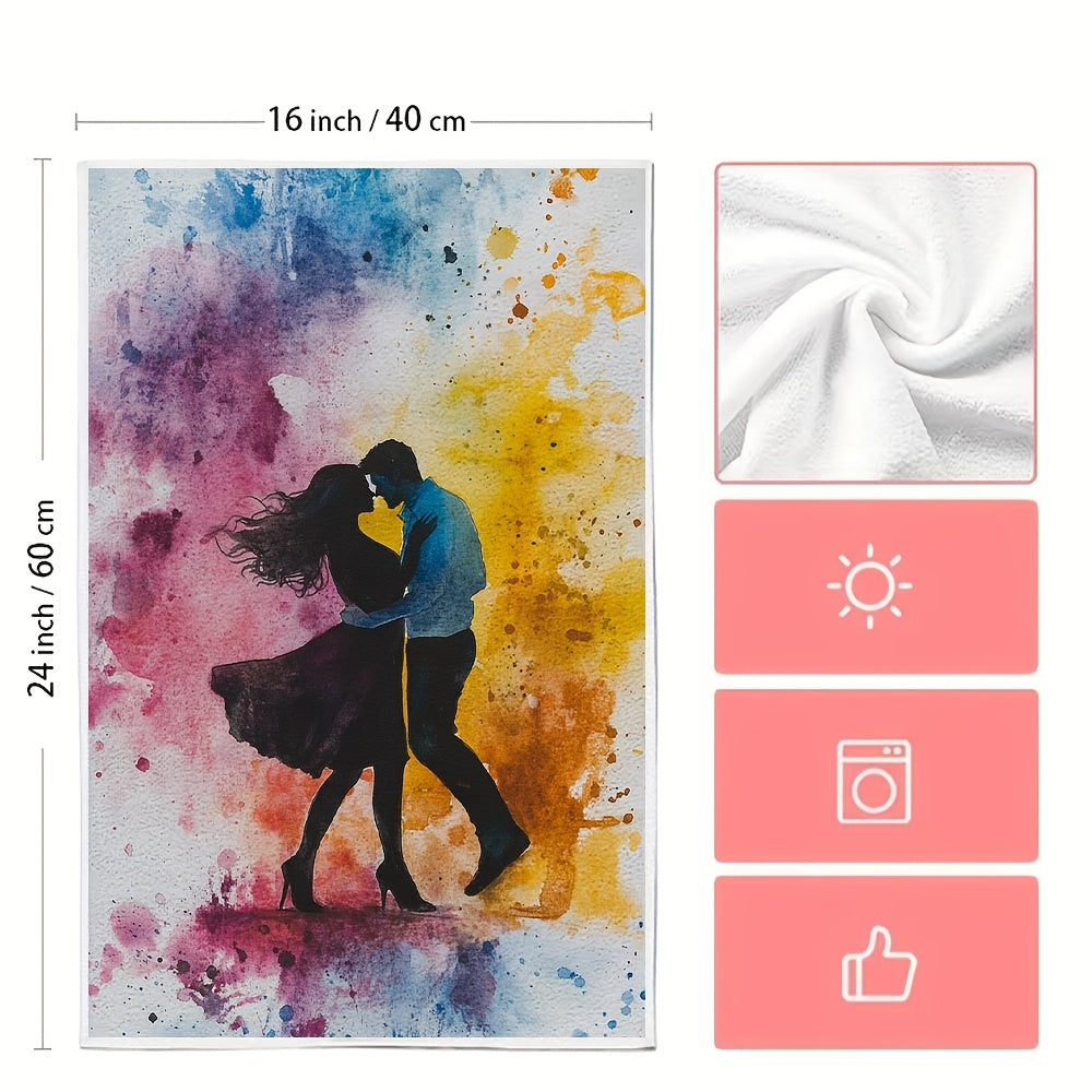 Luxury Ultra Soft Kitchen Towels 2 Pack Dancing Couple Design Watercolor Splash