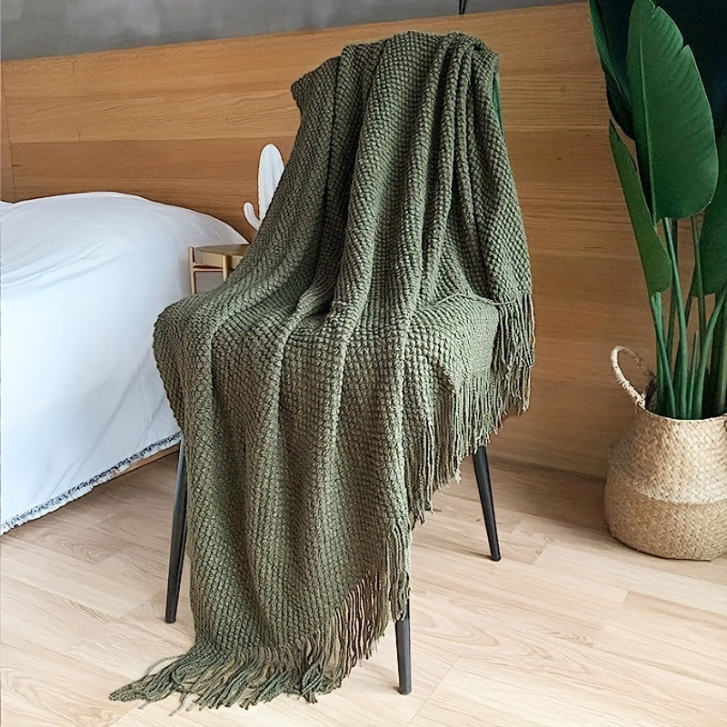 Knit Throw Blanket with Tassels Lightweight Acrylic Bubble Texture for Couch Bed Decor