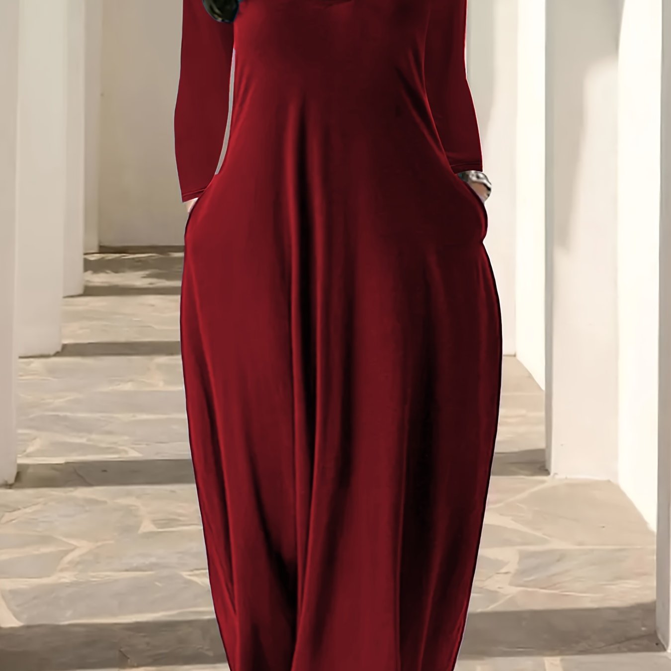 Plus Size Solid Color Maxi Dress with V Neck Long Sleeves Pockets