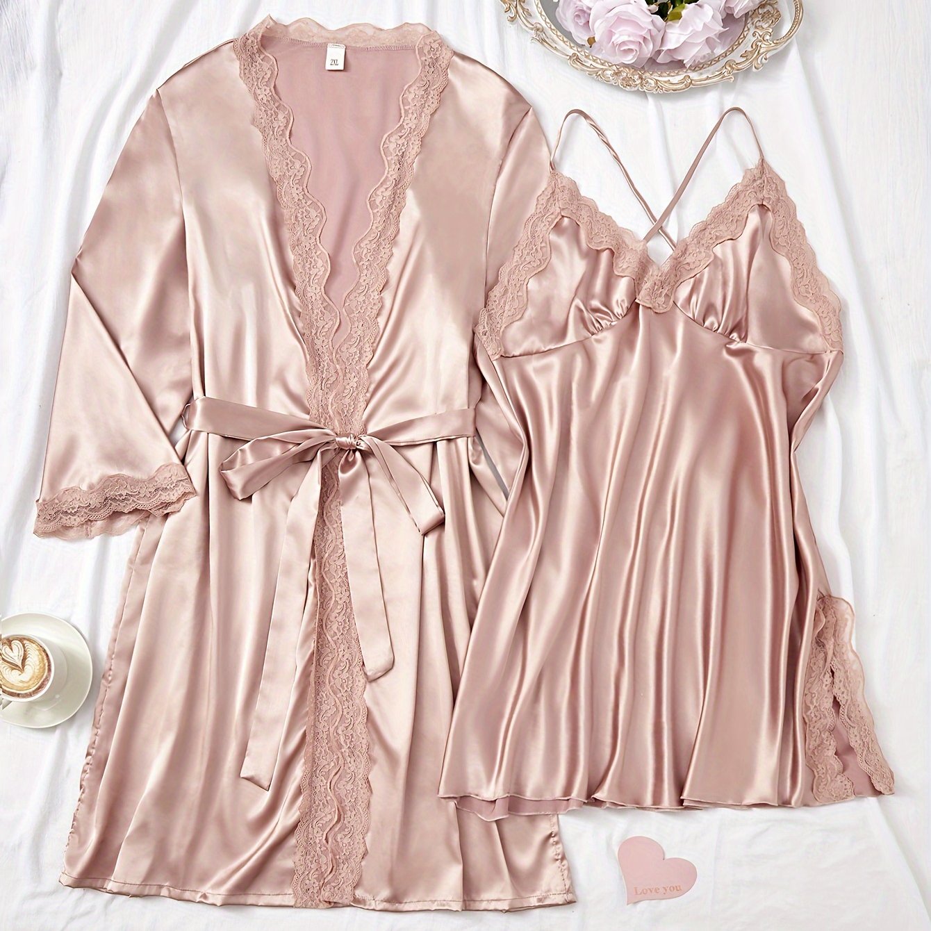 Large Size Ice Silky Fiber Sleepwear Set with Contrast Lace and Split Hem