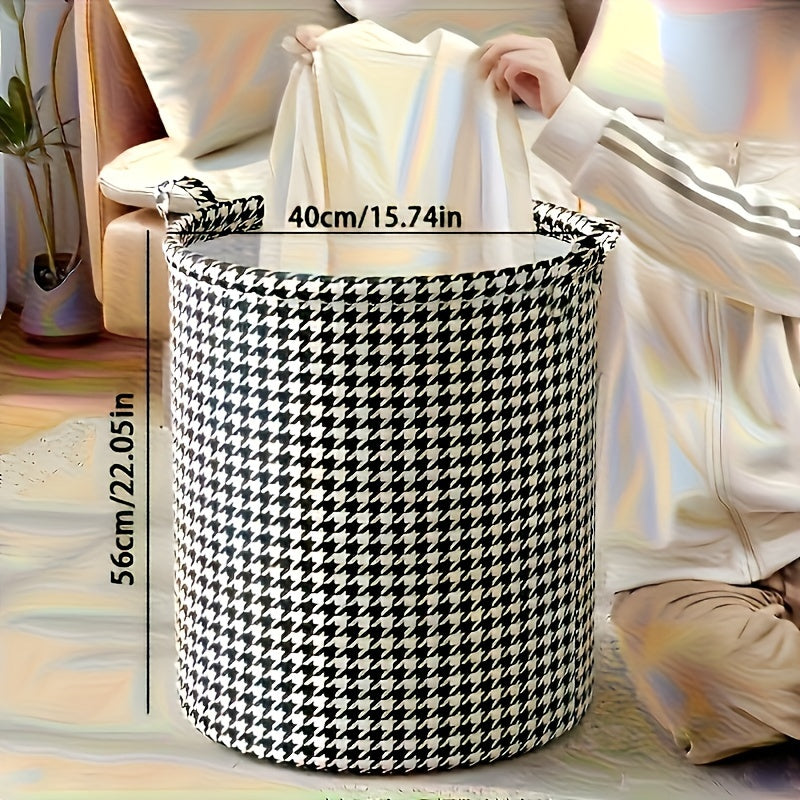 Large Houndstooth Fabric Storage Hamper with Handles for Laundry and Toys