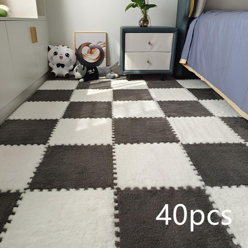 Juego de 40 baldosas de moqueta entrelazadas para uso en interior de dormitorio, diseño de cuadros de pelo bajo