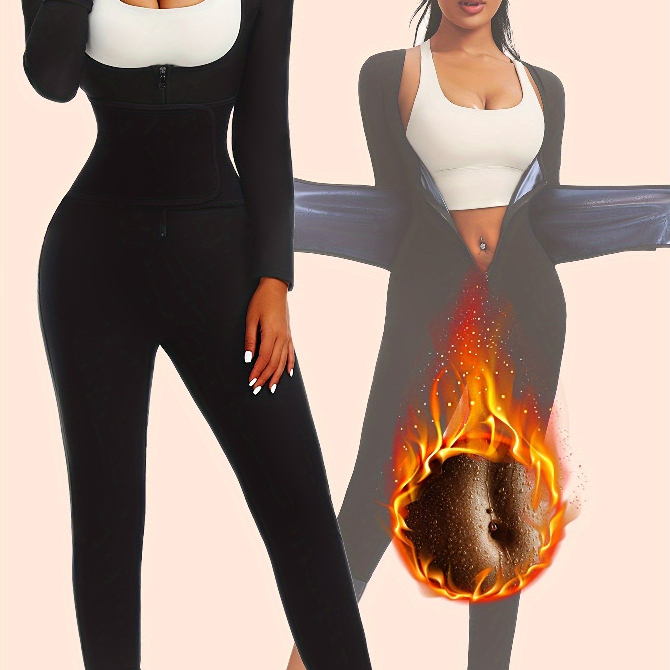 "Женский комбинезон с длинным рукавом для сауны черного цвета, корсет для контроля живота с молнией, стройнящий корректор фигуры для фитнеса и бега, смесь полиэстера и эластана"