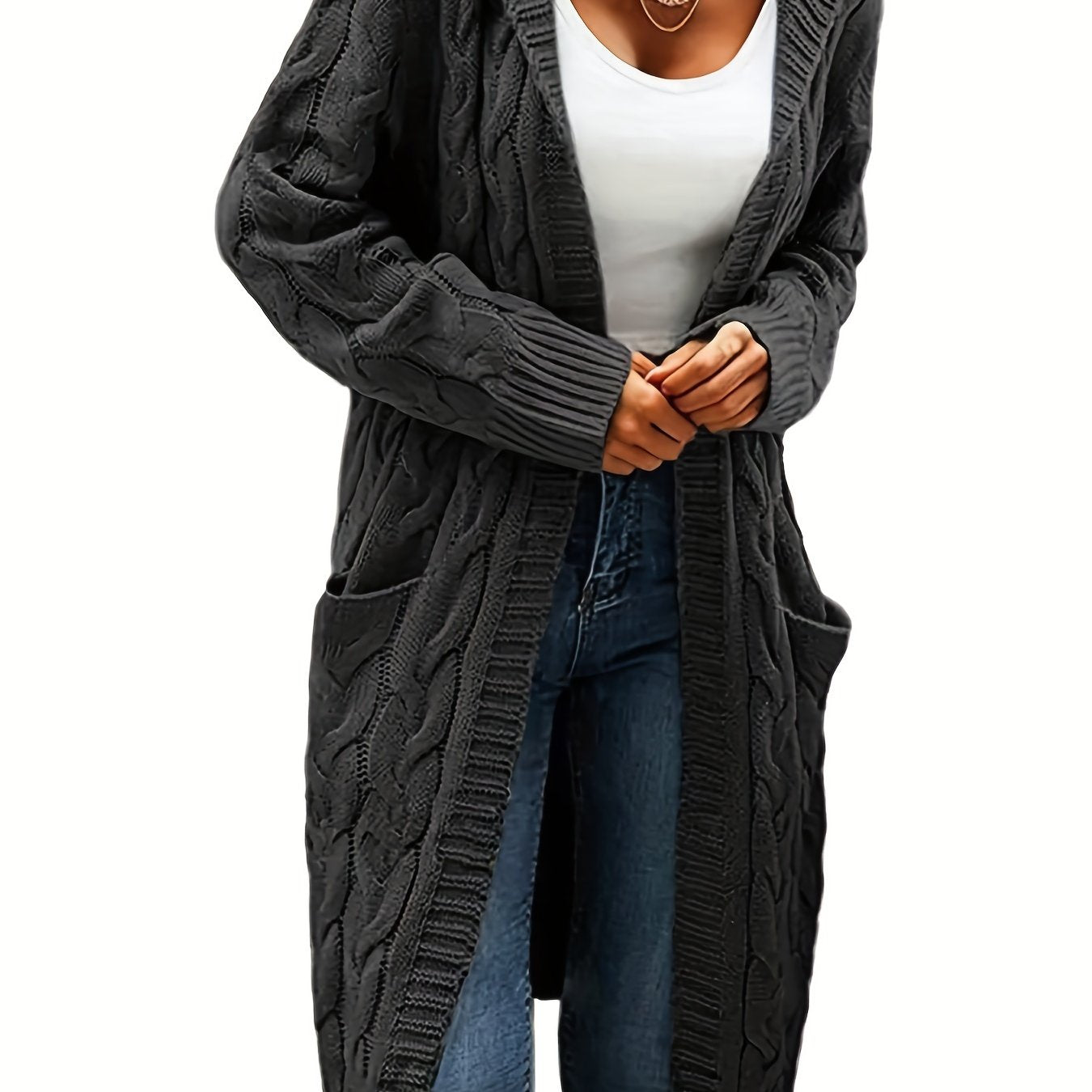 Women's Cable Knit Hooded Cardigan with Pockets Acrylic Fall Winter Layering