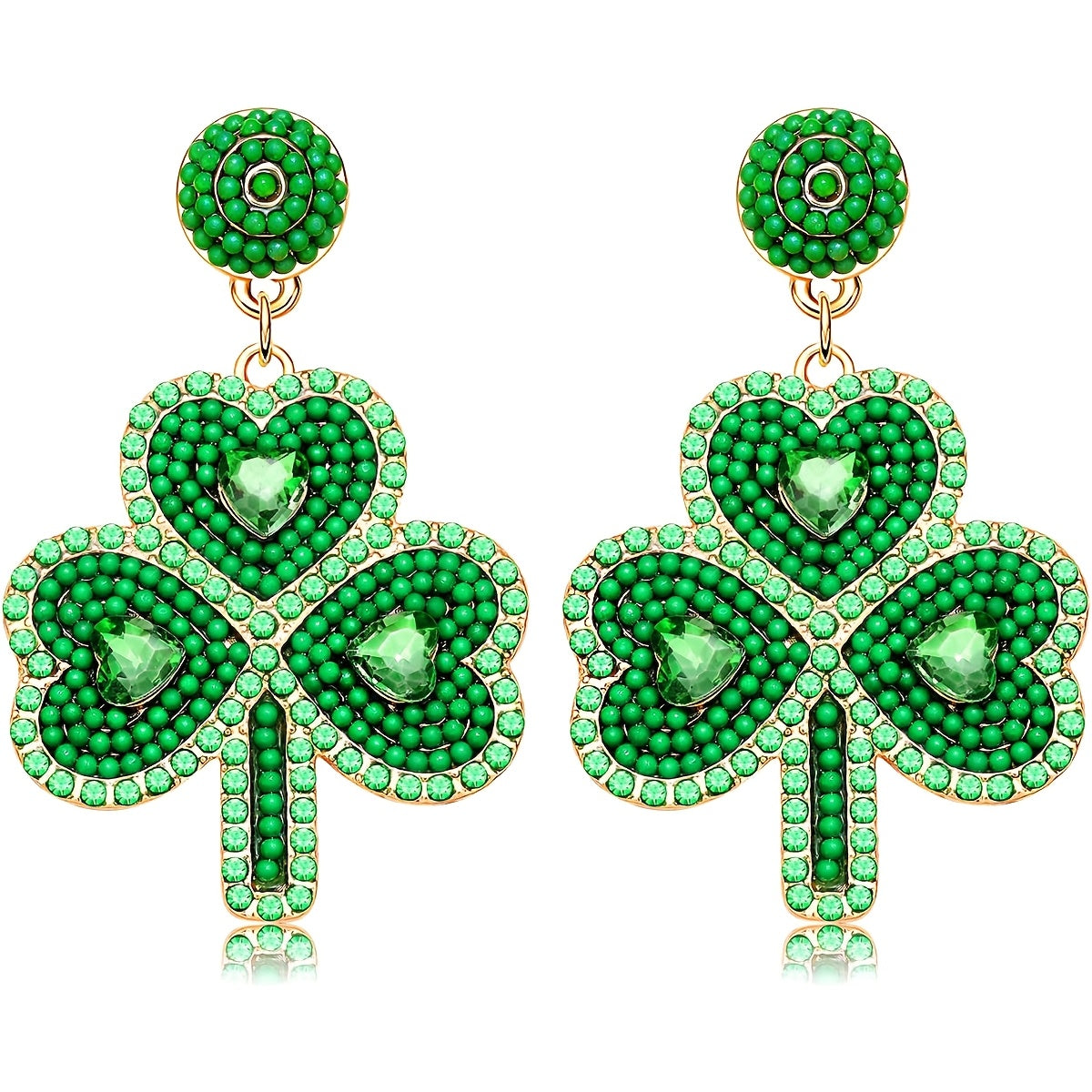Green Clover Earrings for Women Beaded Rhinestones St. Patrick's Day Jewelry