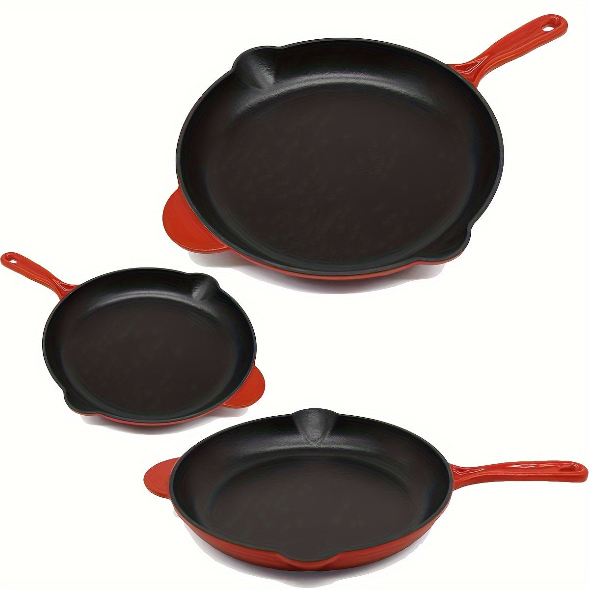 Набор из трех предварительно закаленных чугунных сковород с двойными носиками для слива - Рекомендуется ручная стирка. Включает размеры 15,24 см, 20,32 см и 25,4 см.