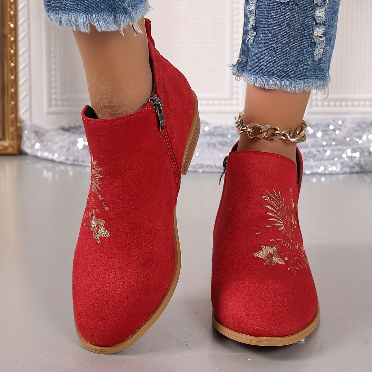 Women's Embroidered Leather Point Toe Chunky Heel Boots with Side Zipper
