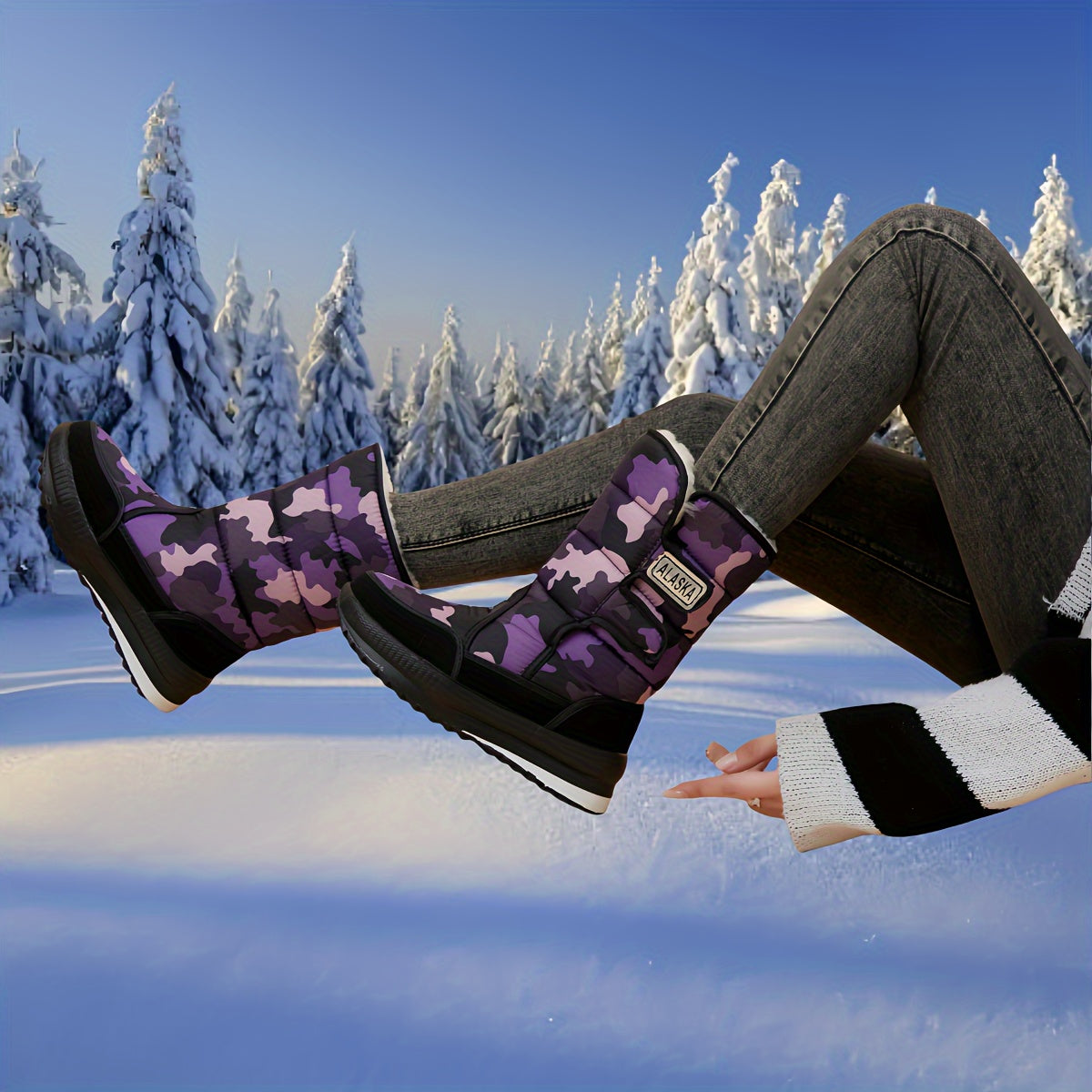 Женские зимние сапоги до середины икры с флисовой подкладкой и противоскользящей толстой подошвой