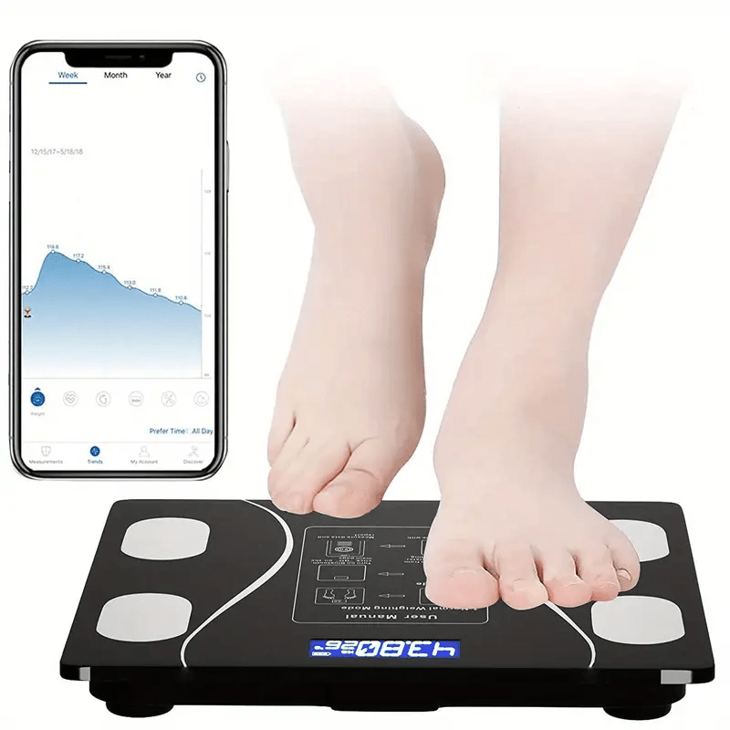 Wireless Body Weight Scale LCD Display Body Monitoring App Sync Temperature Battery Operated