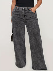 Women High Waist Stretch Denim Jeans Wide Leg Solid Color Casual