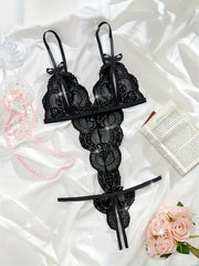 Women's Floral Lace Teddy with Bow Knot, Revealing Cups and Open Crotch Lingerie