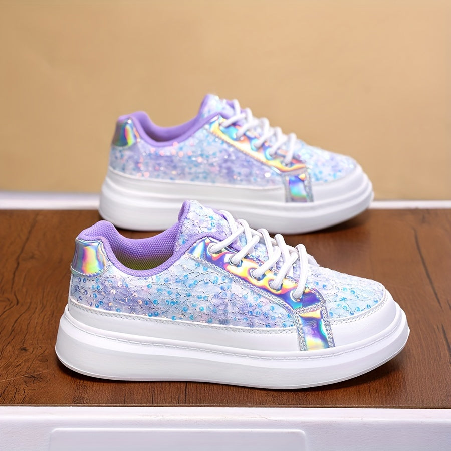 Girls' Sparkly Blue Sequin Sneakers with Purple Accents for Outdoor Play and Casual Wear
