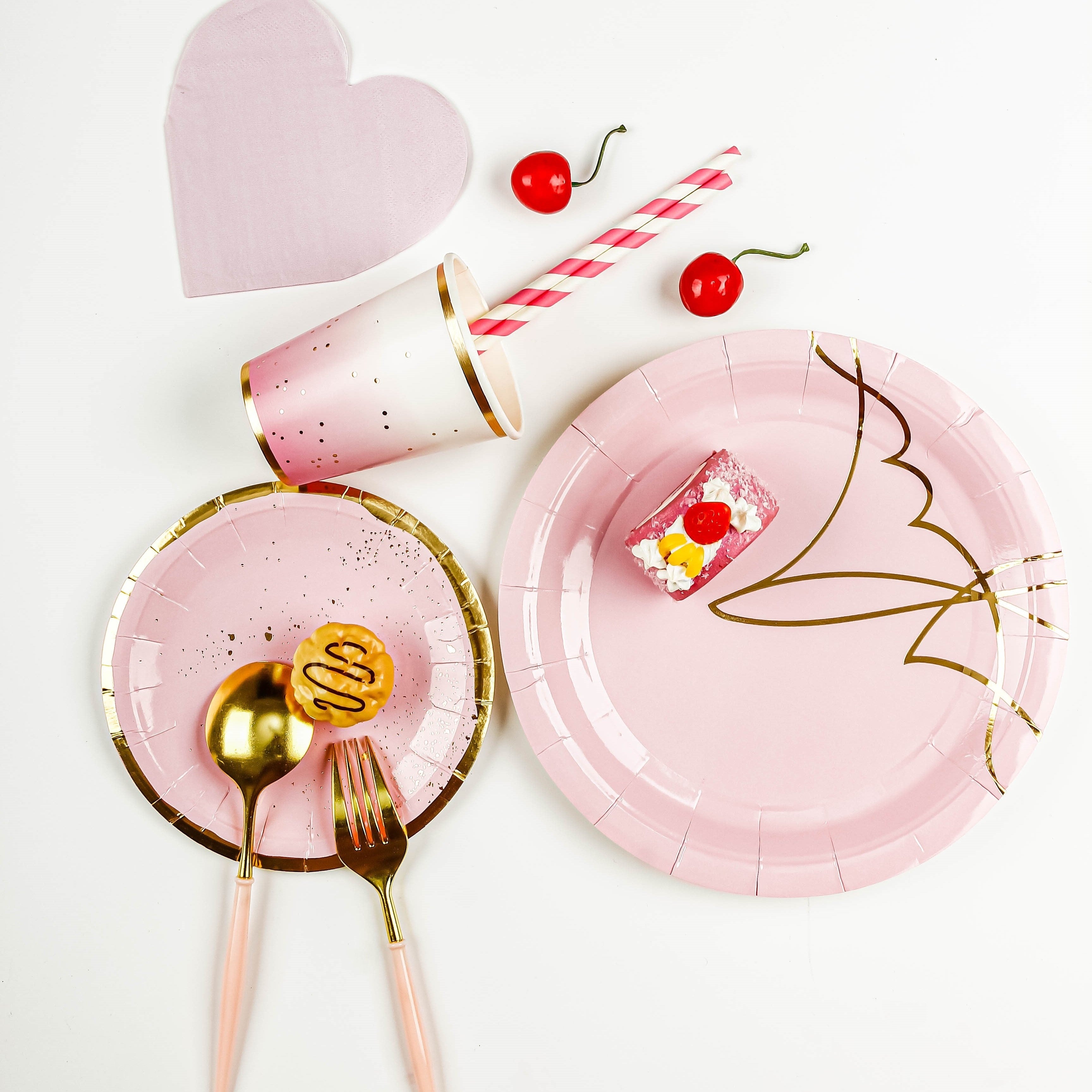 Set of 8 to 16 Pink and Gold Foil Polka Dot Disposable Cutlery Plates Cups with Heart Napkins for Parties Weddings Holidays