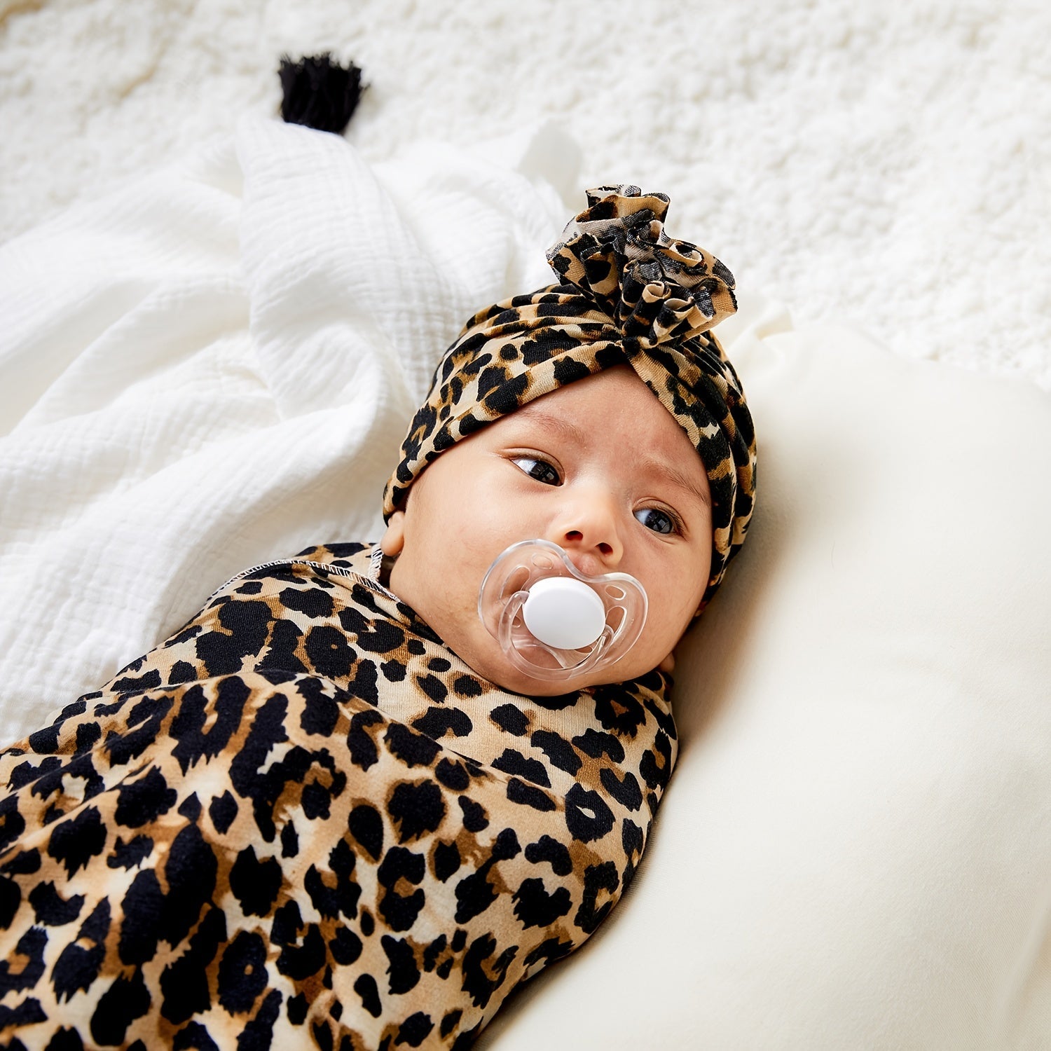 Leopard Print Baby Hat and Bag Towel Set for Infants 0-6 Months
