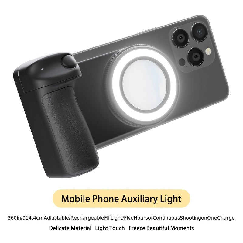 Mobile Phone Camera Handle with Detachable Magnetic Remote Shutter 360° Rotation Self-Lighting