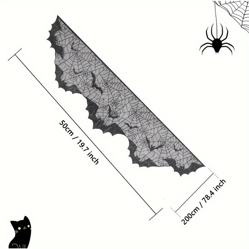 Black Lace Fireplace Scarf with Spiderweb Design, 50.8x200.66 cm, Halloween Decor