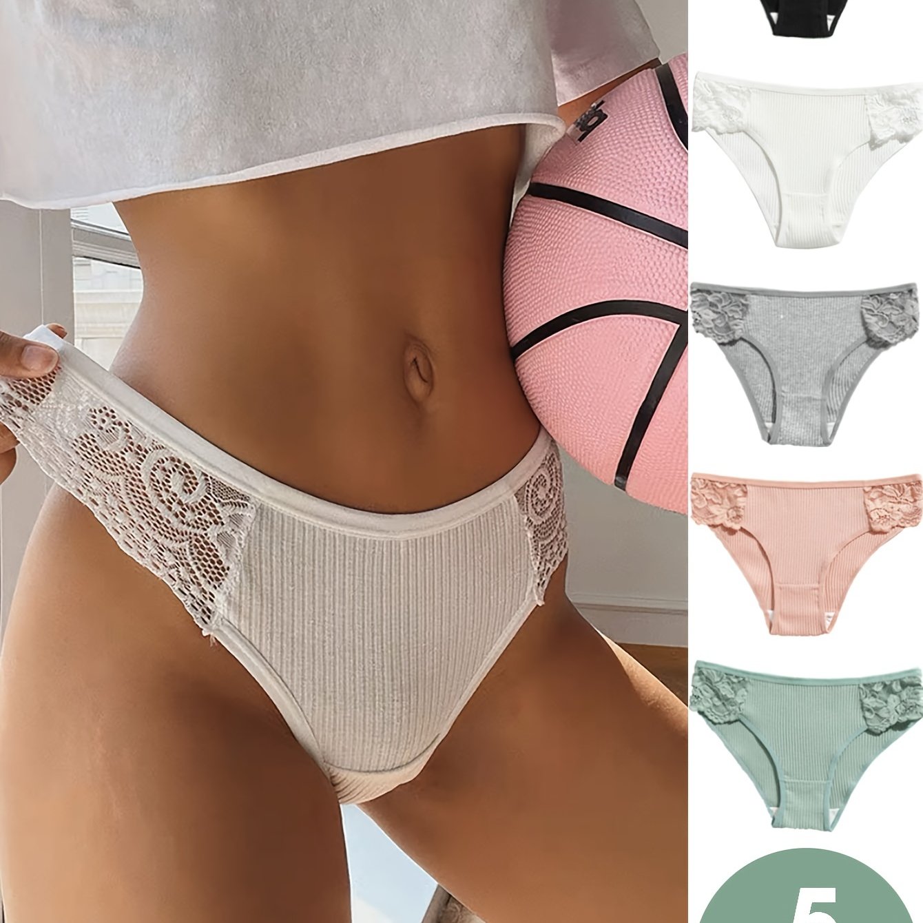 Комплект из 5 цветочных кружевных рибанных трусиков, удобное эластичное женское нижнее белье