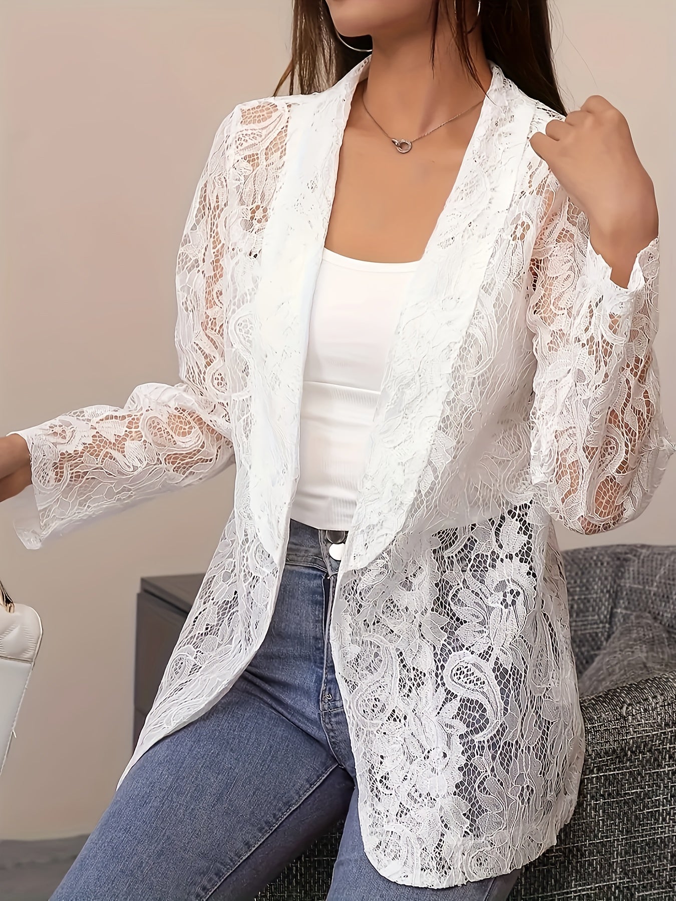 Women's Plus Size Black Lace Cardigan Long Sleeve Floral Knit
