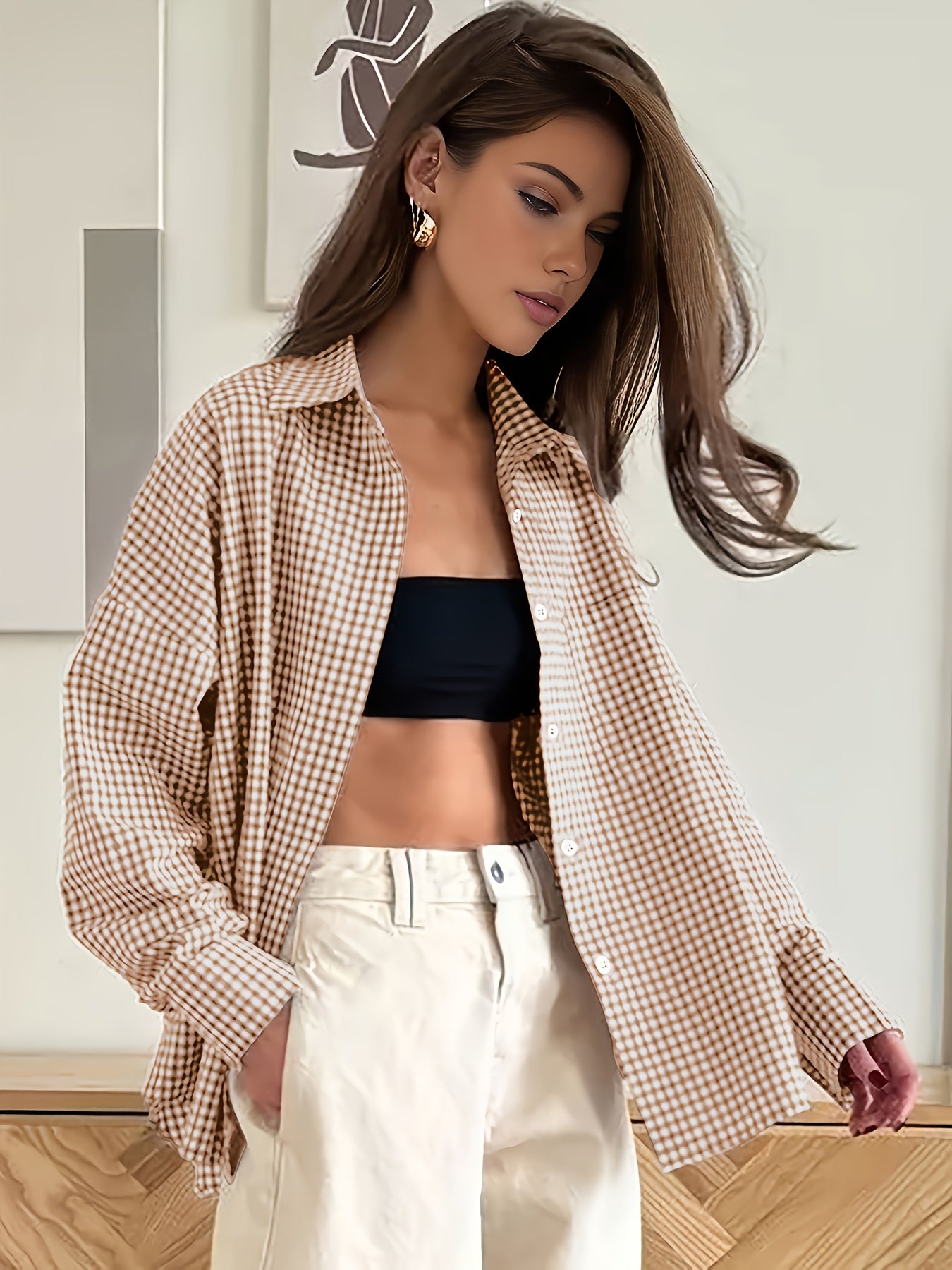 Ayollar uchun kundalik tekis chiziqli kofta, uzun qoʻl, kuz-qish mavsumiga mos, erkin fit