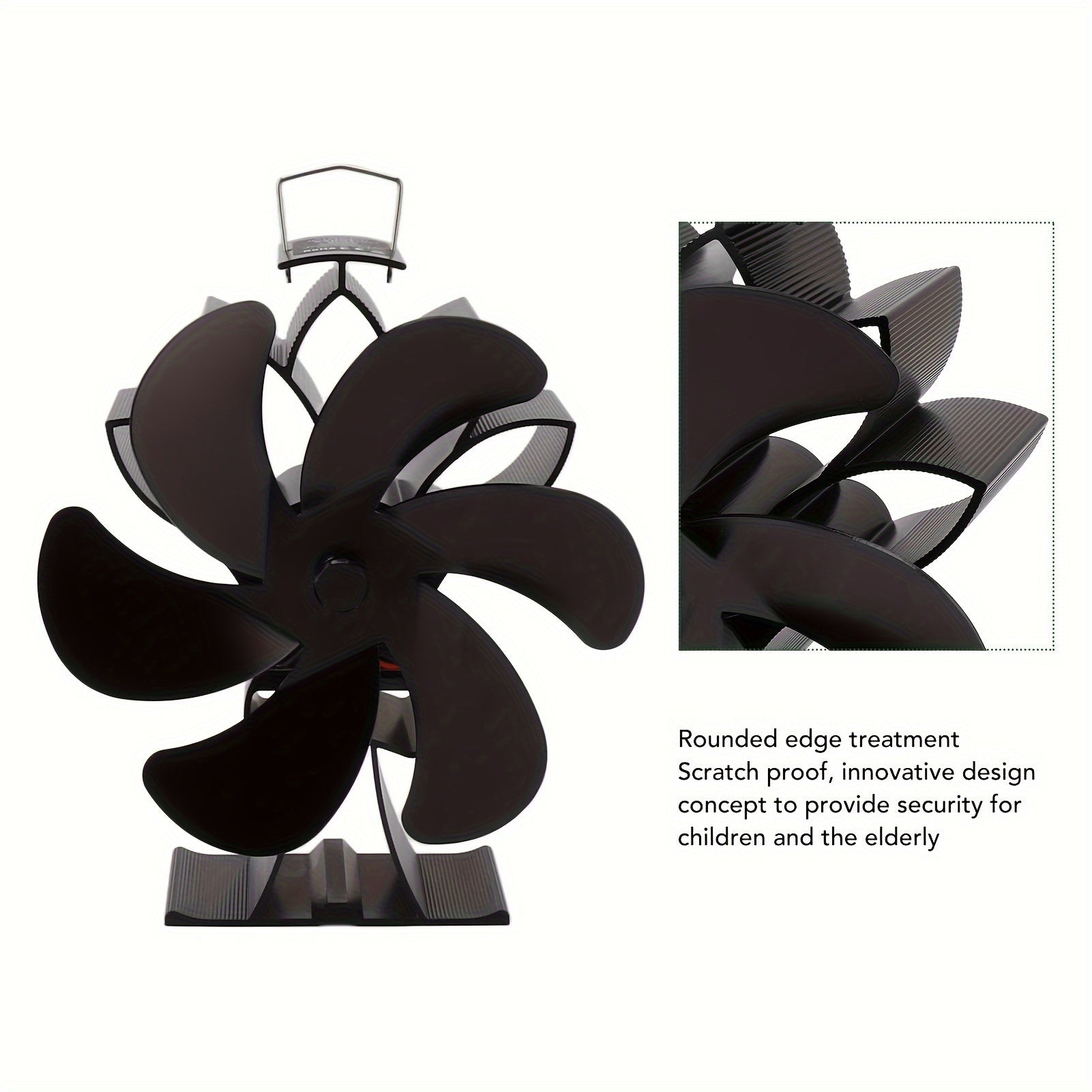 Issiqlik bilan ishlaydigan pechka ventilyatori, 6 ta alyuminiy pichog'i bilan, past shovqin uchun, uy log'li pechka uchun mos, qora rang, uy jihozi