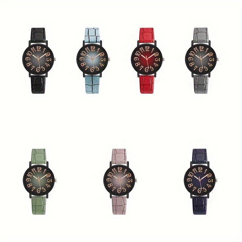 Women's Casual Quartz Watch with Retro Gradient Dial and PU Leather Band