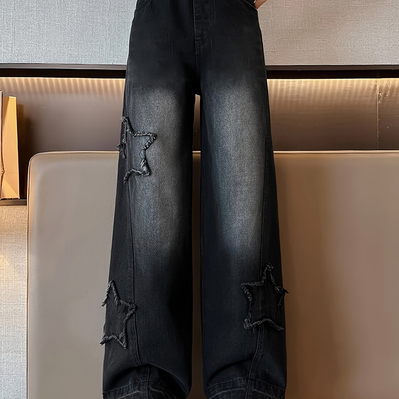 Детские широкие джинсы с звездным дизайном, высокая талия, повседневные джинсы из денима