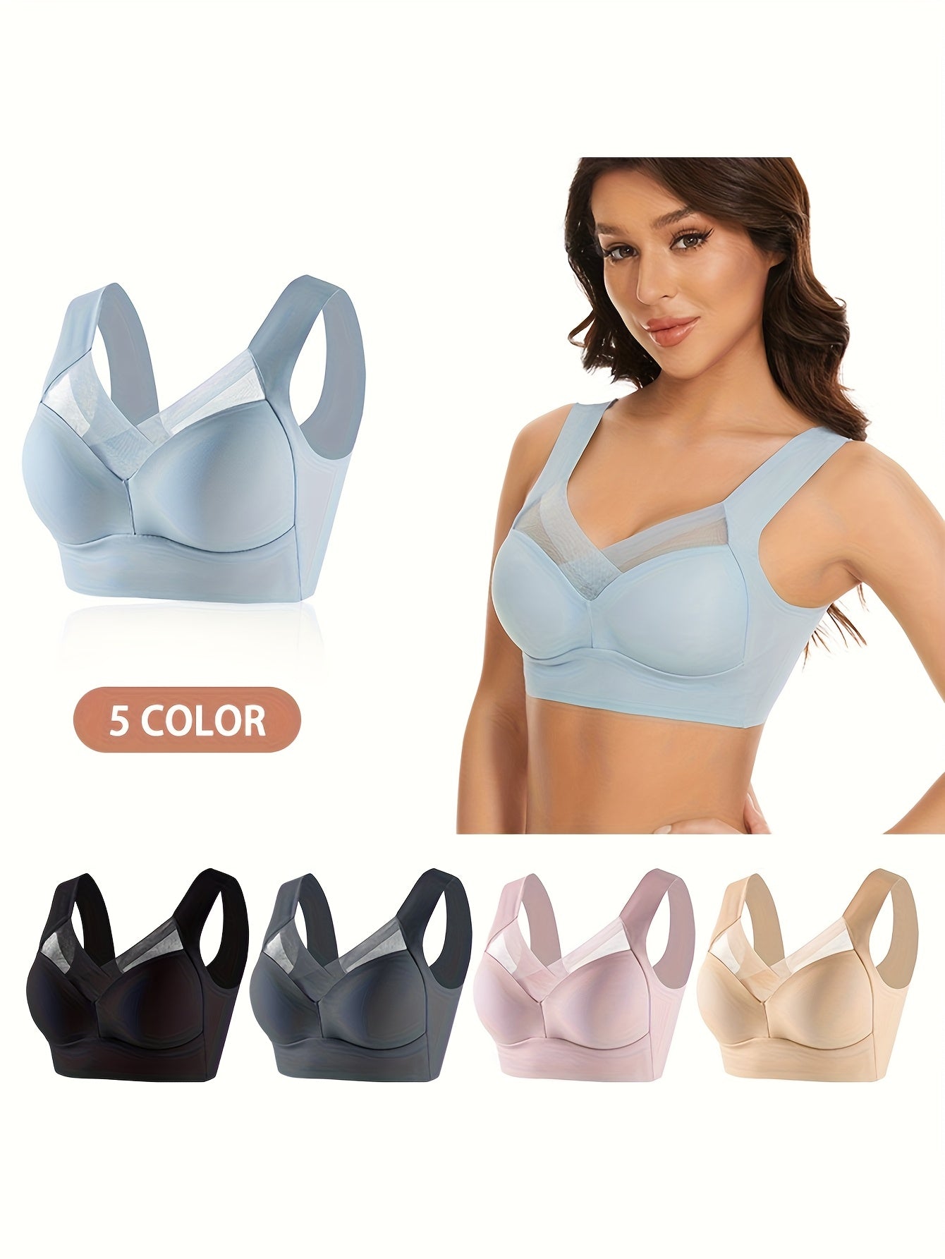 Women's Breathable Mesh Seamless Wireless Bras 5 Pack Full Coverage V-Neck