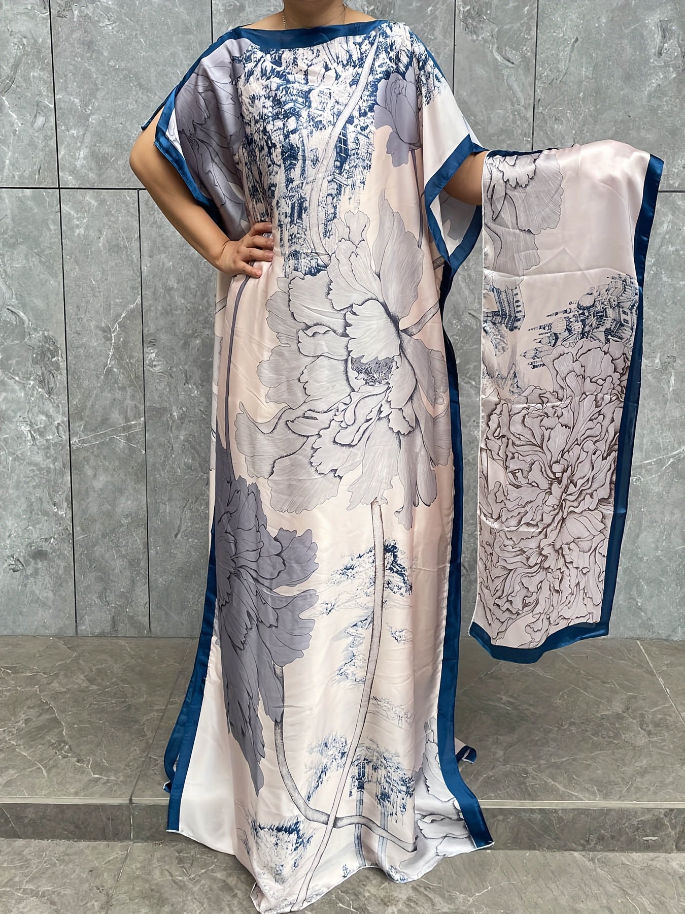 Women's Floral Print Batwing Sleeve Dress with Scarf Lightweight Breathable Fabric