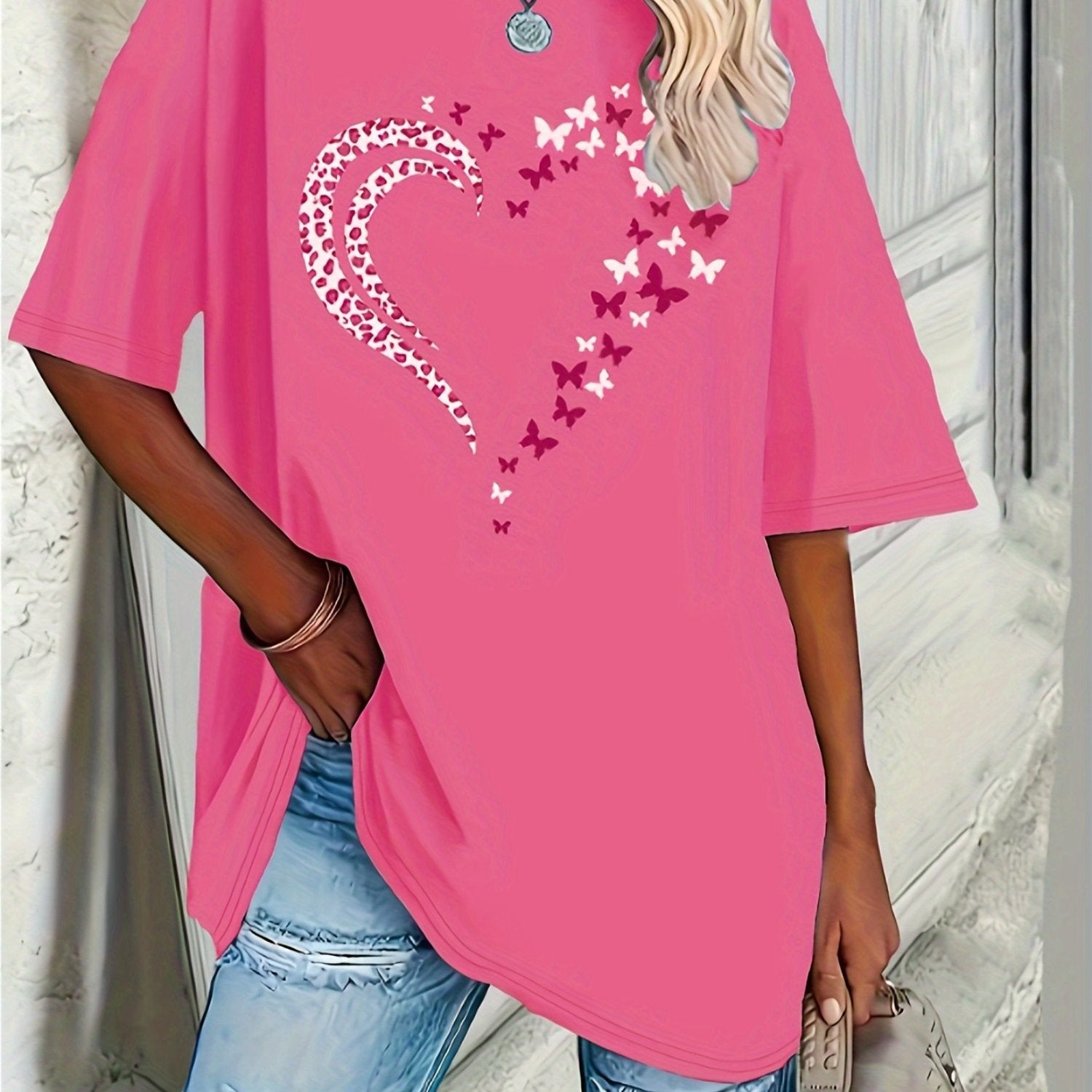 Plus Size Women's Light Blue Floral Heart T-Shirt Casual Short Sleeve Loose Fit