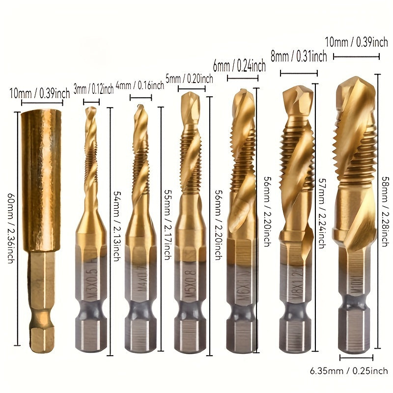 6-Piece Titanium Drill and Tap Bit Set 1/4 Inch Hex Shank M3-M10 High-Speed Steel