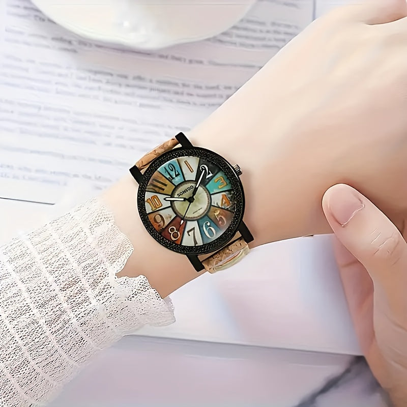 Women's Wooden Watch with Faux Leather Band Quartz Movement Gift Idea