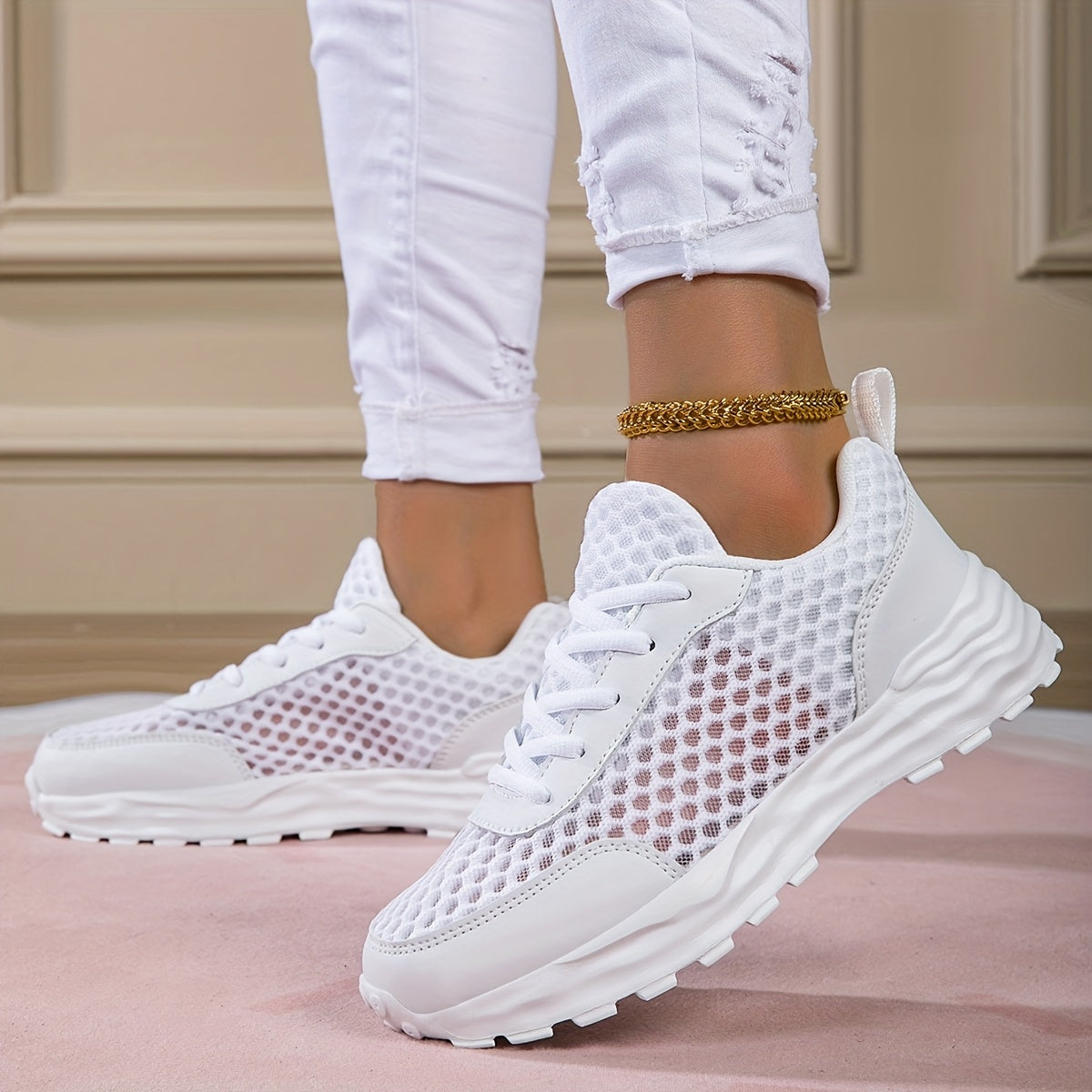 Women's White Casual Perforated Sneakers Low Top Lace-Up Comfort Shoes