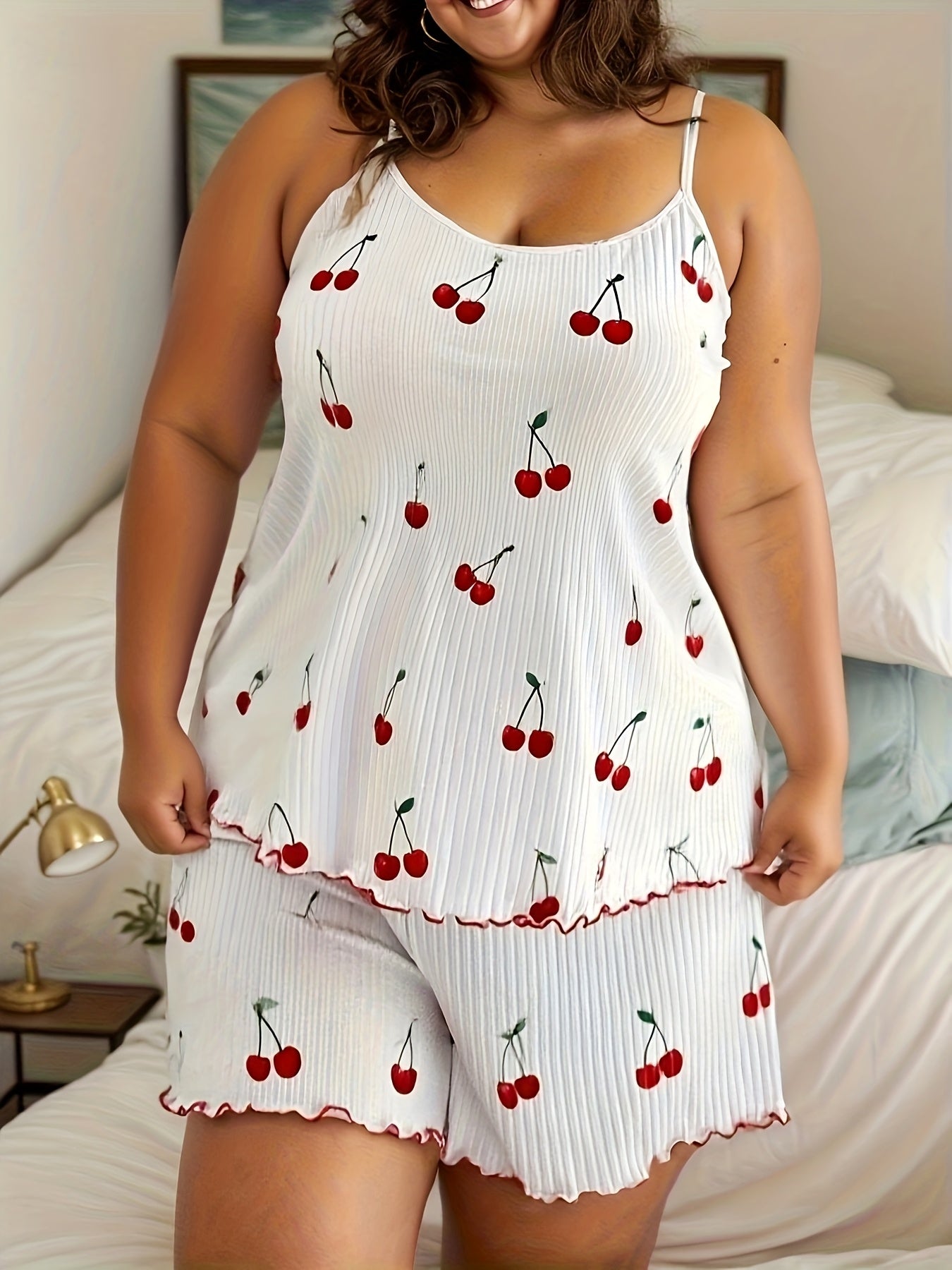 Plus Size Women's Strawberry Print Ribbed Spaghetti Strap Shorts Set Casual Loungewear