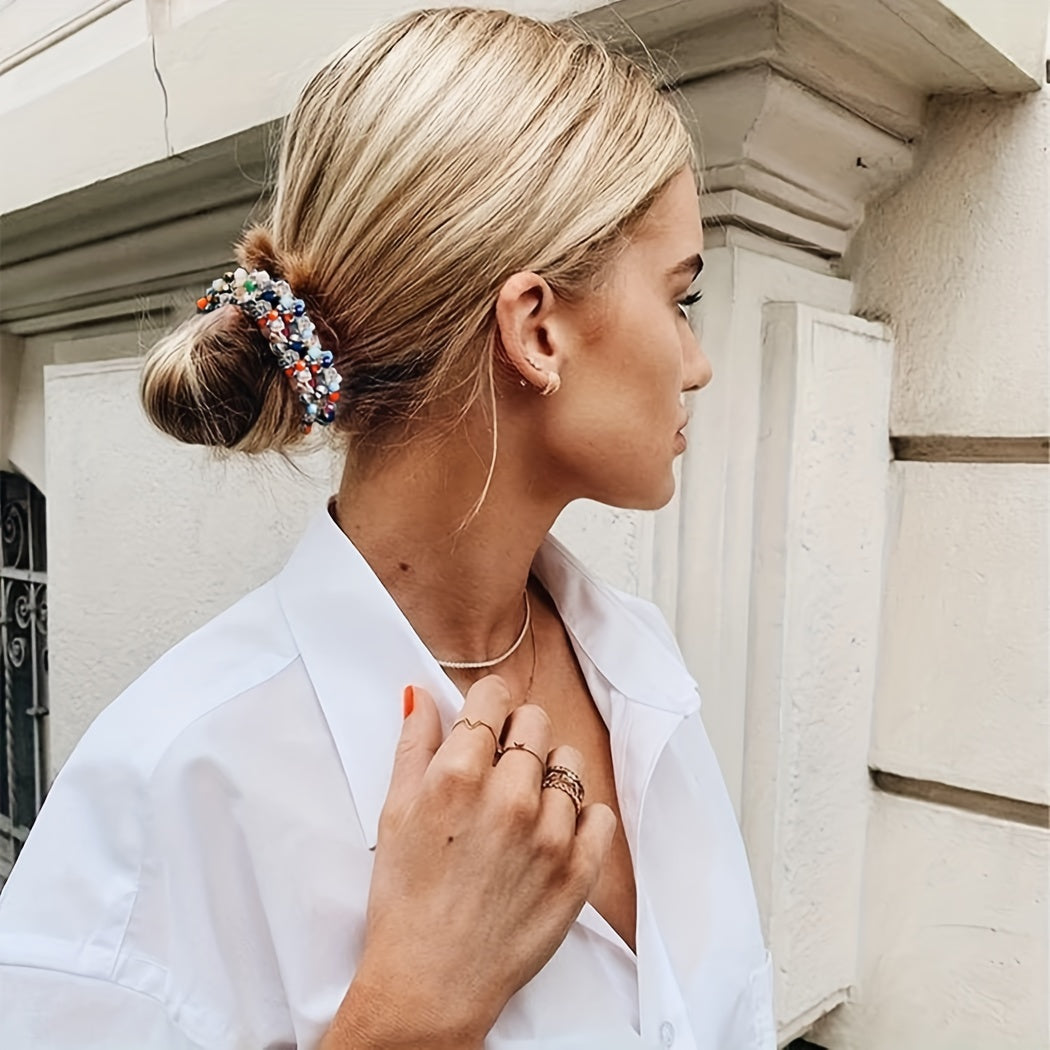 Women’s Elastic Hair Ties Set with Crystal Pearl Beaded Embellishments for Chic Ponytails and Bracelets