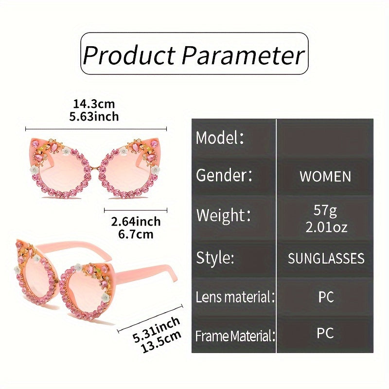 Gafas de sol con cristales en forma de gato, con rhinestones y degradado floral para fiestas de disfraces y prom.
